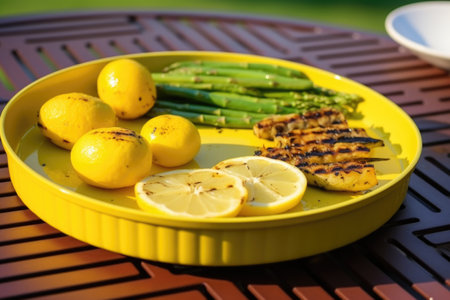 yellow platter with grill marks visible on vegetables, created with generative aiの素材