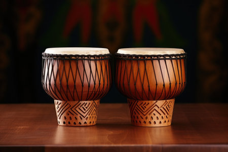 african bongo drums on a wooden surface, created with generative aiの素材