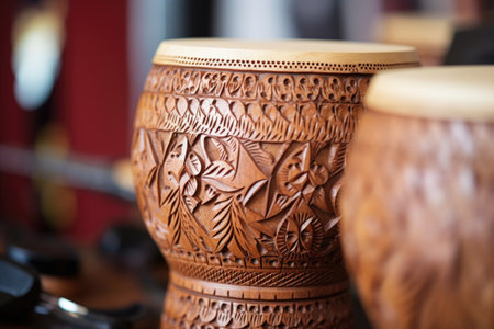 close-up of intricate carvings on a djembes base, created with generative aiの素材