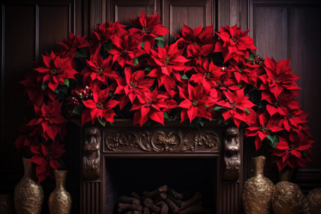 poinsettias with a beautifully decorated fireplace mantelpiece, created with generative aiの素材