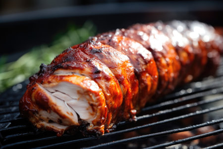freshly cooked pork loin pulled out from a hot grill, created with generative aiの素材