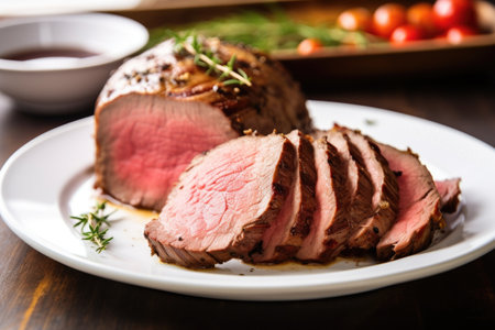 cold roast beef sliced and placed on a plain white plate, created with generative aiの素材