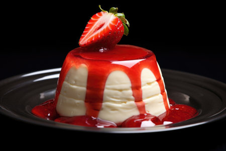 close-up of a strawberry floating in pudding, created with generative aiの素材