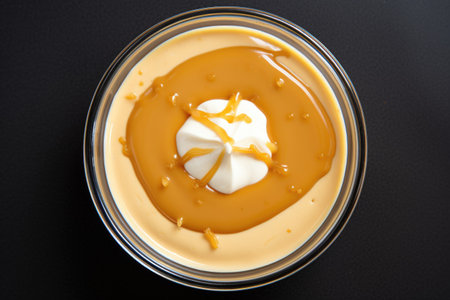 top view of a butterscotch pudding, created with generative aiの素材