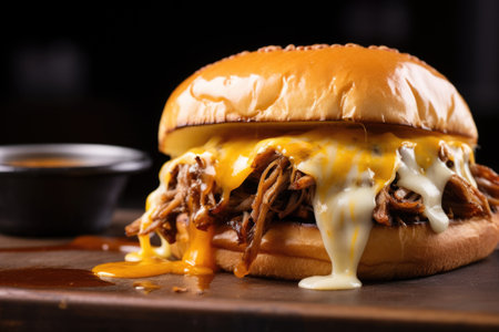 pulled pork sandwich topped with melted cheese, created with generative aiの素材