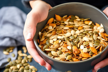 hand holding a bowl full of roasted pumpkin seeds, created with generative aiの素材