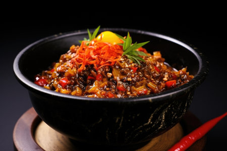 black bowl of spicy ramen filled with chili oil, created with generative aiの素材