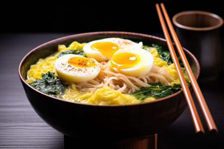yellow noodles from a bowl of creamy ramen lifted with chopsticks, created with generative aiの素材