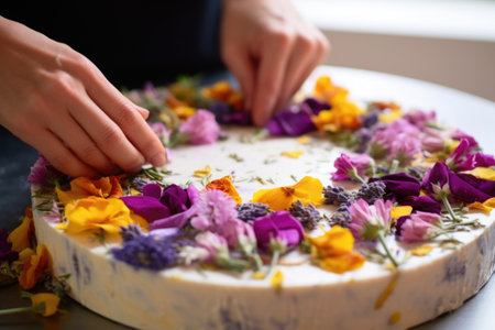 pressing edible flowers onto the top of a raw vegan cake for decoration, created with generative aiの素材