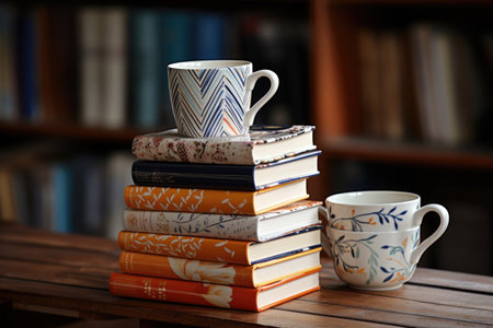 novels stacked neatly next to a ceramic mug on a box, created with generative aiの素材