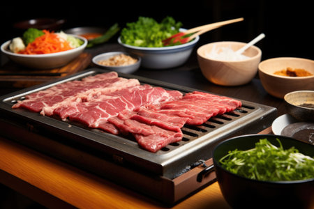 korean bbq set with raw marinated beef, created with generative aiの素材