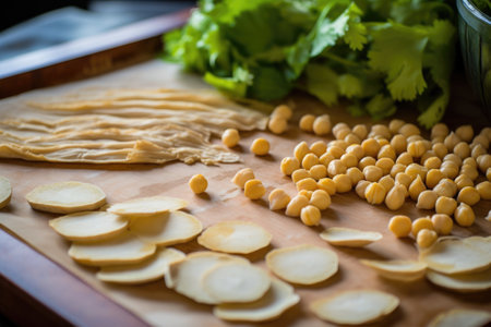 peeling skins off raw chickpeas before baking, created with generative aiの素材