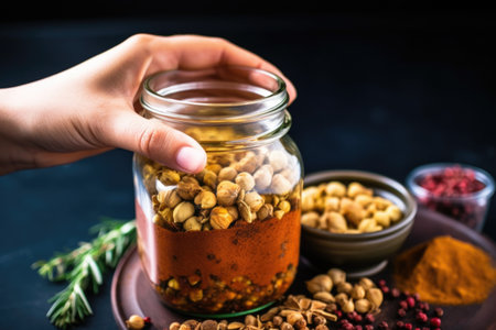hand shaking a jar filled with chickpeas and spices, created with generative aiの素材