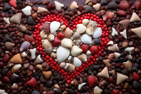 sea shells collected in a heart-shaped sand moat, created with generative aiの素材