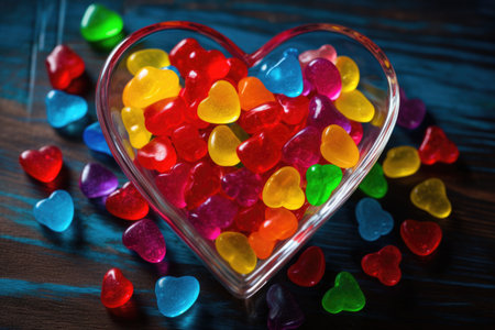 brightly colored heart-shaped candies filled in a glass bowl, created with generative aiの素材