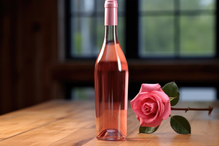 a single full rose wine bottle standing on polished oak table, created with generative aiの素材
