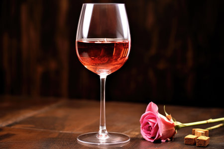 thin-stemmed wine glass containing rose wine, beside a cork, created with generative aiの素材