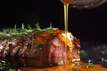 close-up of dripping juice from a spiced lamb leg rotating, created with generative aiの素材