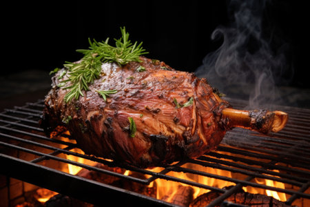 sizzling spiced leg of lamb rotating over charcoal, created with generative aiの素材