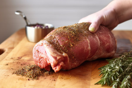 lamb leg on rotation, hand with brush in applying spice rub, created with generative aiの素材