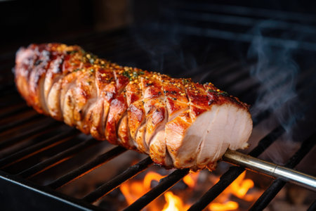 pork loin being rotated over an open flame grill, created with generative aiの素材