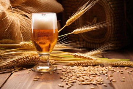 saison beer surrounded by wheat and barley grains, created with generative aiの素材