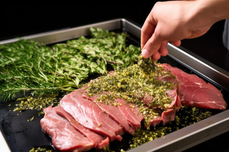hand adjusting herb-marinated meat on roasting tray, created with generative aiの素材