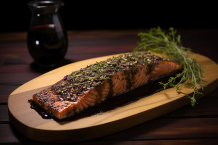 thyme marinated salmon adjacent to a dark saison, created with generative aiの素材