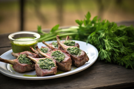 lamb chops with herbal rub and chilled saison, created with generative aiの素材