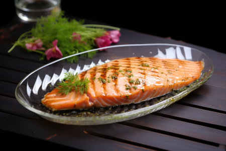 salmon steak with grill marks on a glass dish, created with generative aiの素材