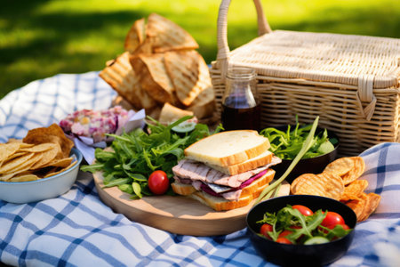 tuna sandwich with kettle-cooked chips in a picnic basket, created with generative aiの素材