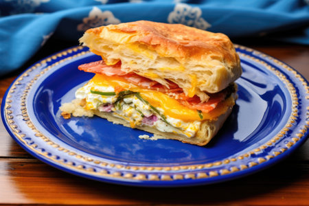 foil-wrapped breakfast sandwich on blue ceramic plate, created with generative aiの素材