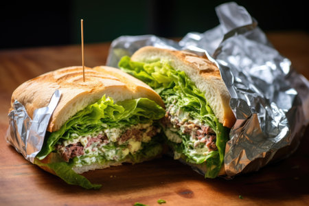 green salad sandwich, partially unwrapped from foil, created with generative aiの素材