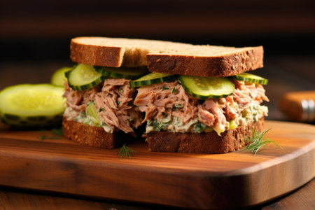 tuna sandwich with pickles, placed diagonally on a wooden board, created with generative aiの素材