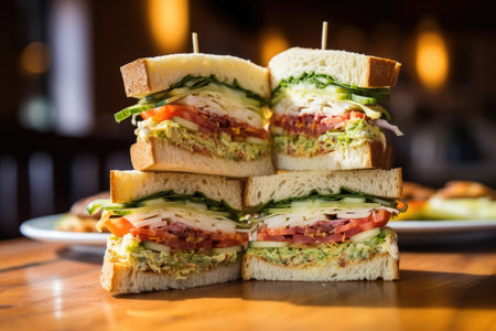 close-up of stacked sandwiches on a wooden table, created with generative aiの素材