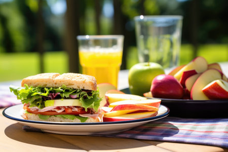 sandwich next to fruit bowl on a sunny picnic table, created with generative aiの素材