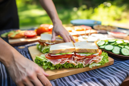 sandwich being prepared on a canvas picnic table, created with generative aiの素材