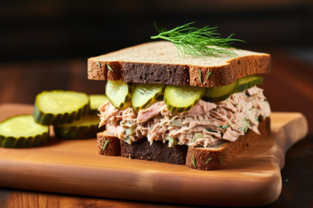 tuna salad sandwich on rye bread, side of pickles, created with generative aiの素材