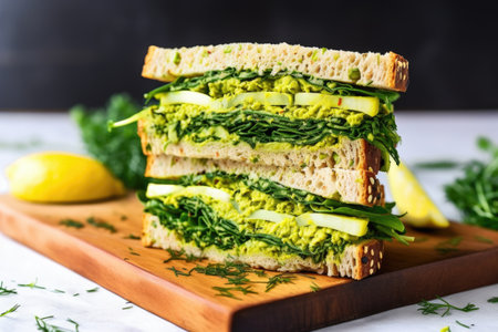 overhead shot of a sliced avocado sandwich, created with generative aiの素材