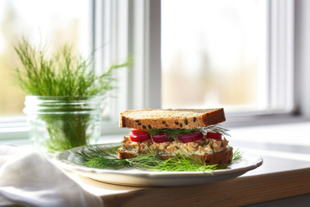 tuna sandwich garnished with dill sprigs on a sunny windowsill, created with generative aiの素材