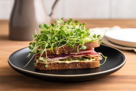 sandwich with microgreens and ham on rye bread, created with generative aiの素材