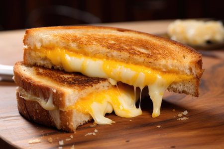 a toasted cheese sandwich with a bite taken out on a natural wood background, created with generative aiの素材