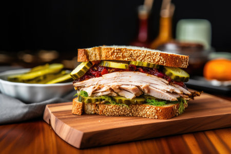 sourdough bread sandwich with turkey and pickles, created with generative aiの素材