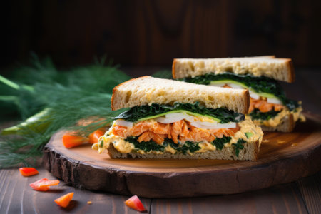 sandwich with spicy mayo on a rustic wooden table, created with generative aiの素材