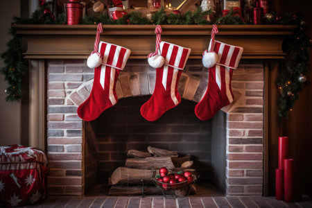 a fireplace mantel with hung red and white santa socks, created with generative aiの素材