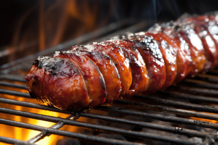 close up shot of a sausage on a grill, created with generative aiの素材