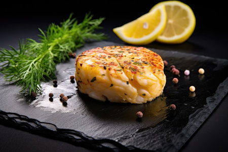 codfish hamburger on a black slate with lemon wedges, created with generative aiの素材