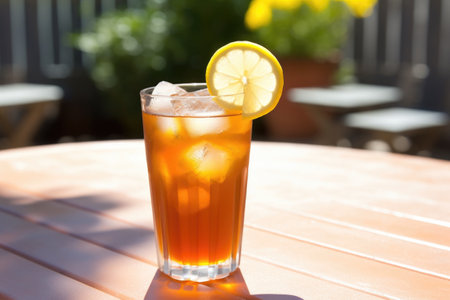 glass of iced tea with a lemon wedge on a patio table, created with generative aiの素材