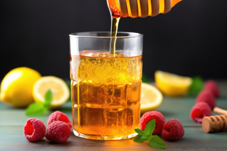 drizzling honey into a glass of iced tea topped with fresh raspberries, created with generative aiの素材