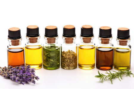 collection of essential oils on a white background, created with generative aiの素材